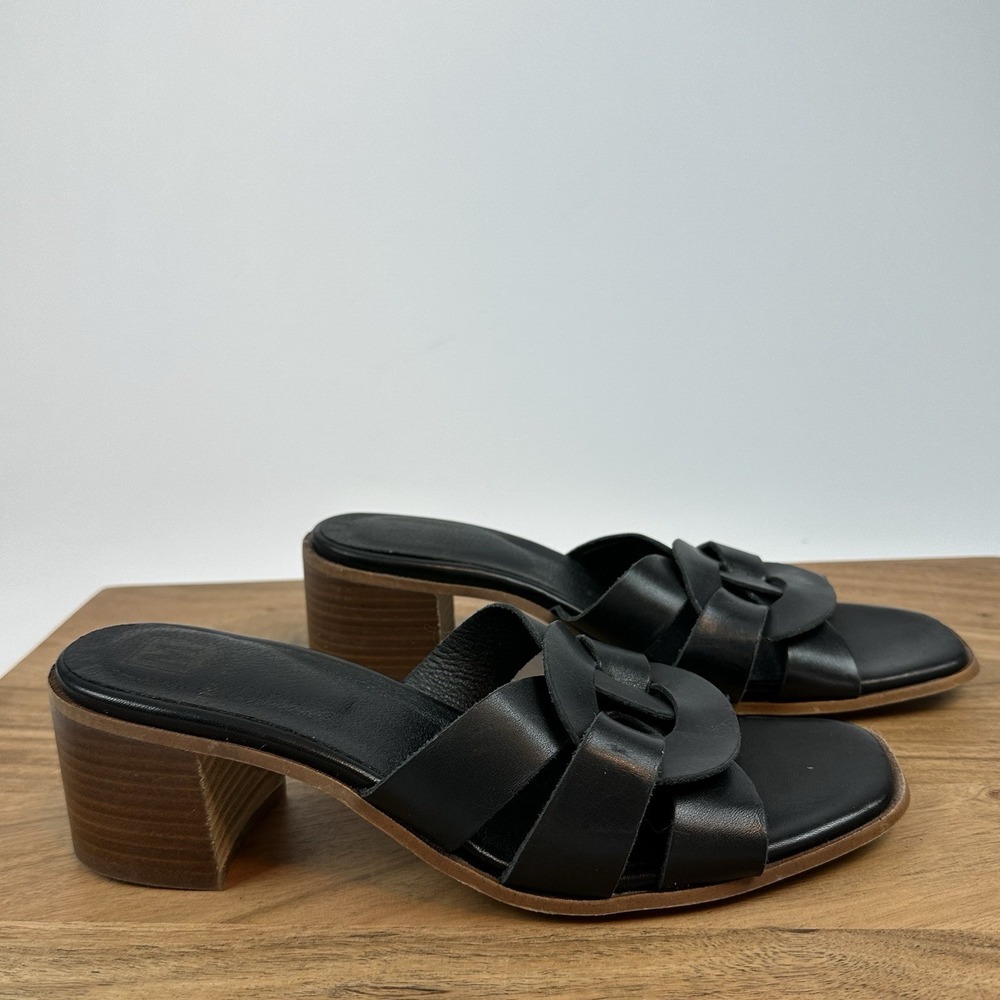 Womens Bruno Magli Aria Black Leather Slip On Mules Sandals Block Heels Size 8 M